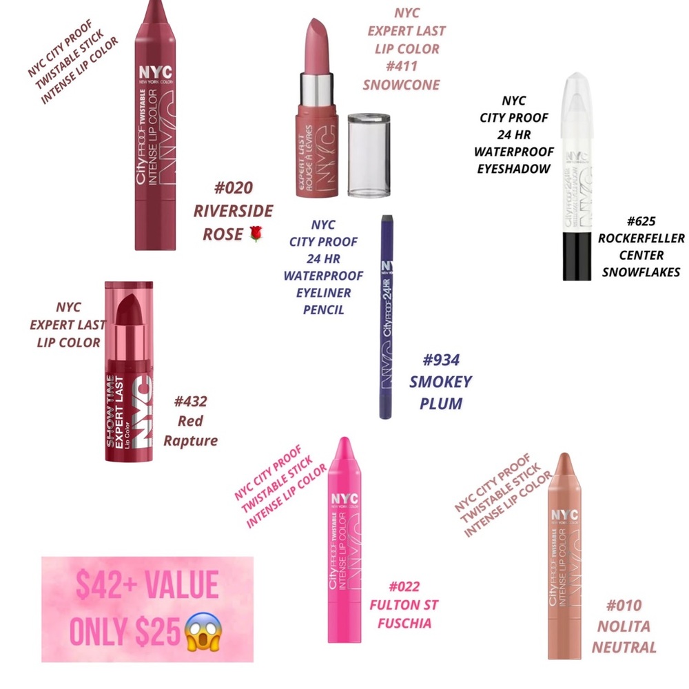 NYC MAKEUP BUNDLE! 5 Lip colors, 1 eyeshadow, 1 eyeliner